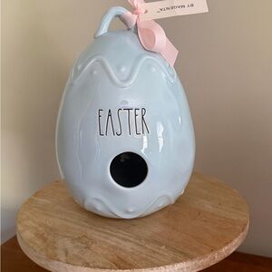 Rae Dunn Pale Blue Easter Egg Birdhouse with Pink Ribbon